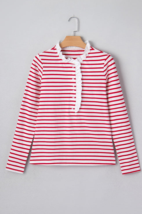 Stripe Ruffle Trim Half Button Stretch Cotton Top