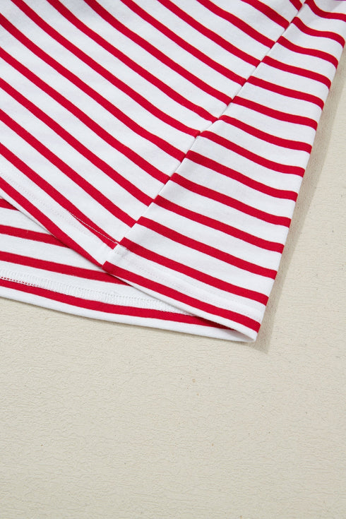 Stripe Ruffle Trim Half Button Stretch Cotton Top