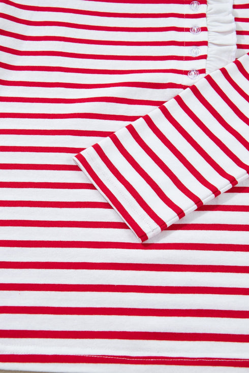 Stripe Ruffle Trim Half Button Stretch Cotton Top