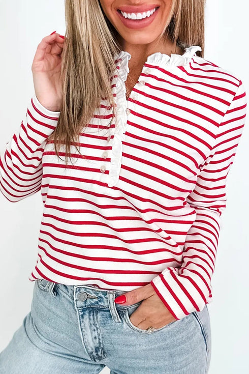 Stripe Ruffle Trim Half Button Stretch Cotton Top