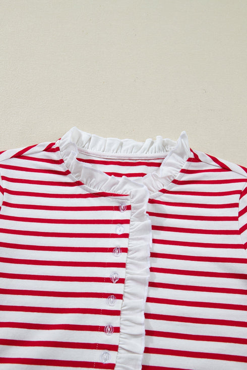 Stripe Ruffle Trim Half Button Stretch Cotton Top