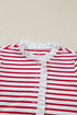 Stripe Ruffle Trim Half Button Stretch Cotton Top