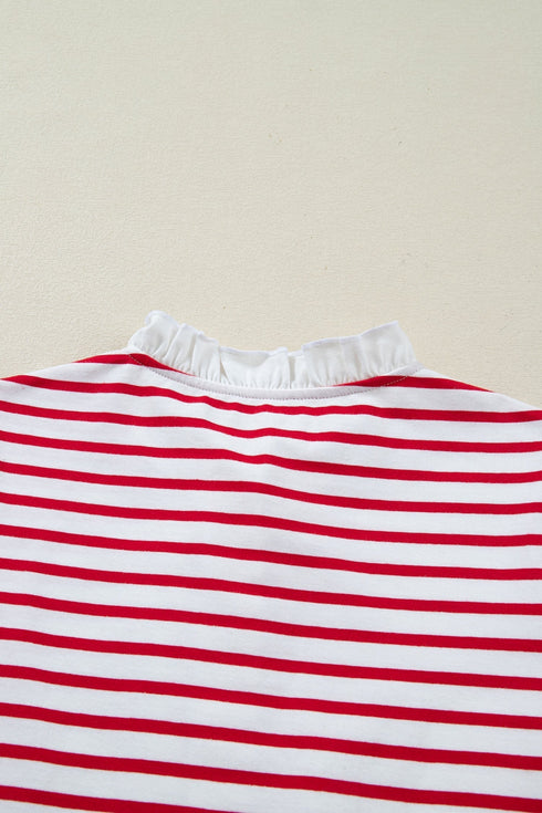 Stripe Ruffle Trim Half Button Stretch Cotton Top