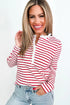 Stripe Ruffle Trim Half Button Stretch Cotton Top