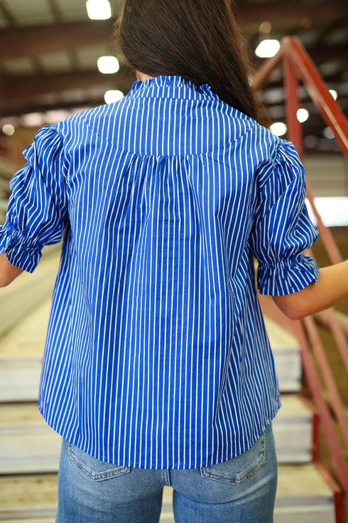 Stripe Ruffled Short Puff Sleeve Button Front Western Blouse