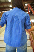 Stripe Ruffled Short Puff Sleeve Button Front Western Blouse