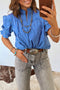 Stripe Ruffled Short Puff Sleeve Button Front Western Blouse