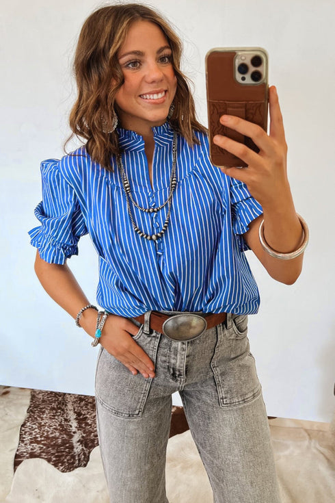 Stripe Ruffled Short Puff Sleeve Button Front Western Blouse