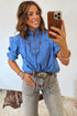 Stripe Ruffled Short Puff Sleeve Button Front Western Blouse