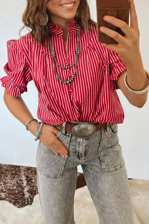 Stripe Ruffled Short Puff Sleeve Button Front Western Blouse