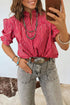 Stripe Ruffled Short Puff Sleeve Button Front Western Blouse
