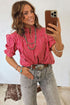 Stripe Ruffled Short Puff Sleeve Button Front Western Blouse