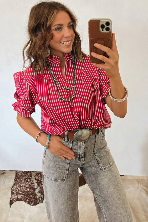 Stripe Ruffled Short Puff Sleeve Button Front Western Blouse
