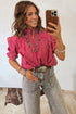 Stripe Ruffled Short Puff Sleeve Button Front Western Blouse