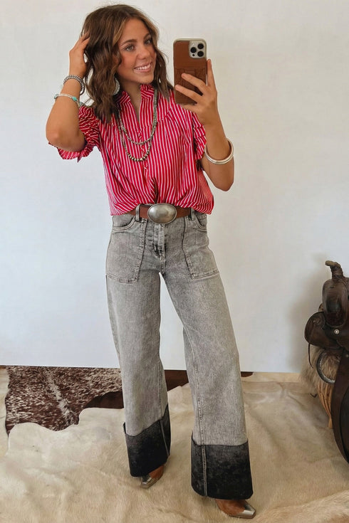 Stripe Ruffled Short Puff Sleeve Button Front Western Blouse