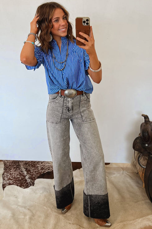 Stripe Ruffled Short Puff Sleeve Button Front Western Blouse