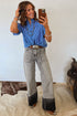 Stripe Ruffled Short Puff Sleeve Button Front Western Blouse