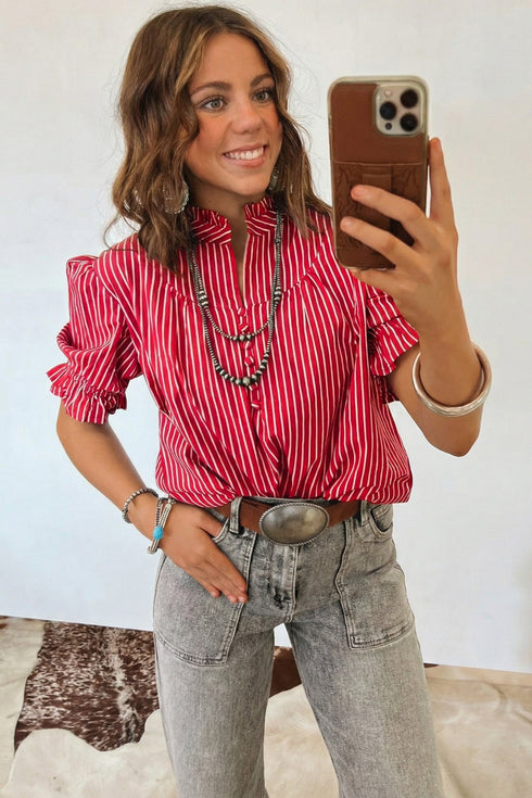 Stripe Ruffled Short Puff Sleeve Button Front Western Blouse