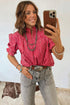 Stripe Ruffled Short Puff Sleeve Button Front Western Blouse