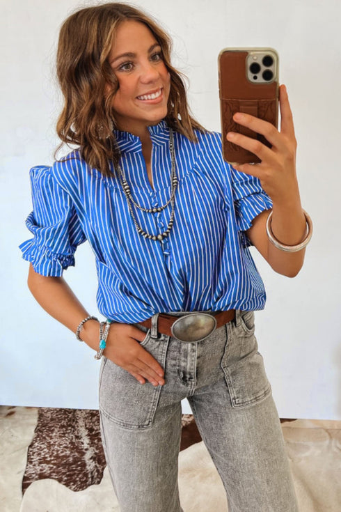 Stripe Ruffled Short Puff Sleeve Button Front Western Blouse
