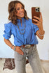 Stripe Ruffled Short Puff Sleeve Button Front Western Blouse
