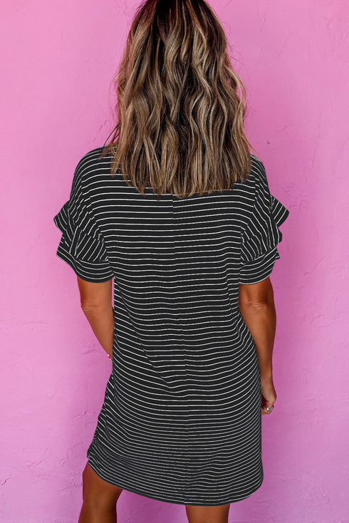 Stripe Ruffled Short Sleeve Crew Neck T Shirt Shift Mini Dress
