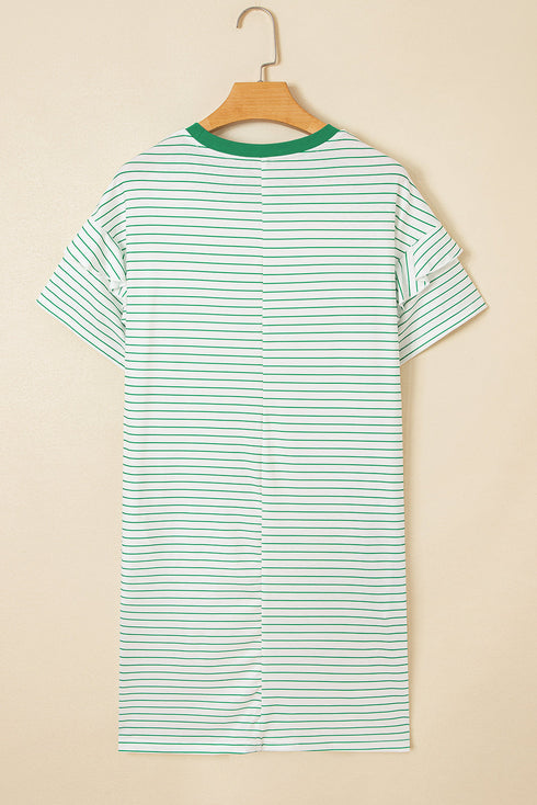 Stripe Ruffled Short Sleeve Crew Neck T Shirt Shift Mini Dress