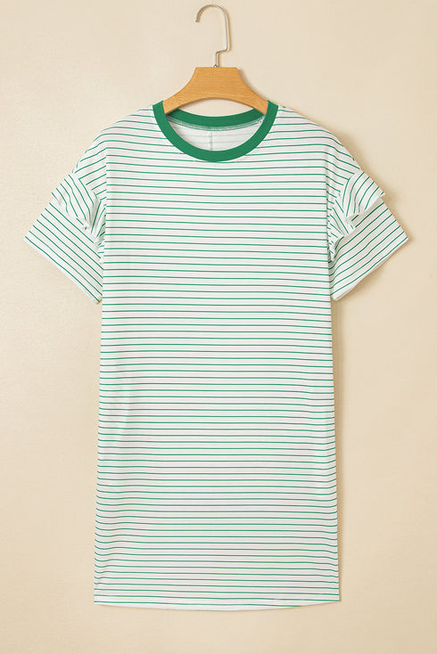 Stripe Ruffled Short Sleeve Crew Neck T Shirt Shift Mini Dress