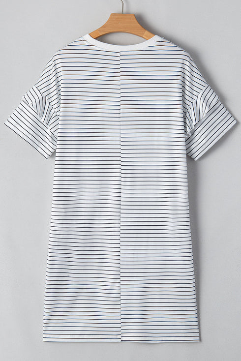 Stripe Ruffled Short Sleeve Crew Neck T Shirt Shift Mini Dress