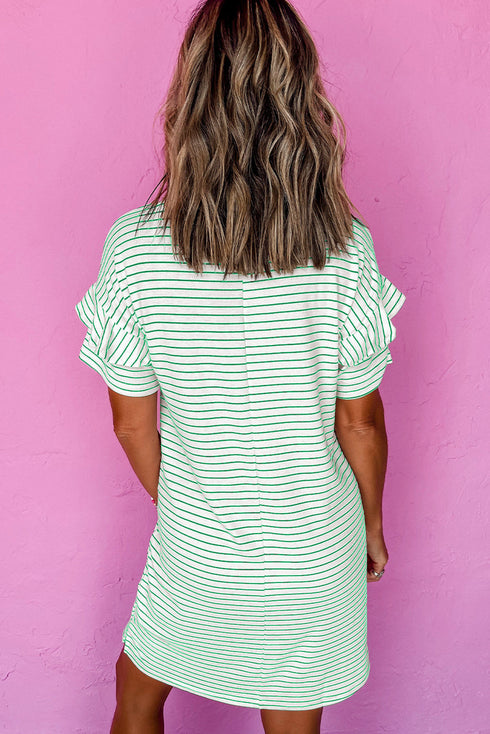 Stripe Ruffled Short Sleeve Crew Neck T Shirt Shift Mini Dress