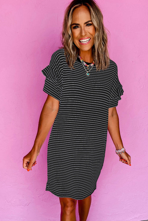 Stripe Ruffled Short Sleeve Crew Neck T Shirt Shift Mini Dress
