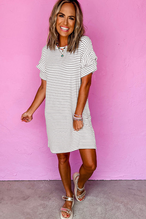 Stripe Ruffled Short Sleeve Crew Neck T Shirt Shift Mini Dress