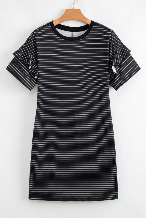 Stripe Ruffled Short Sleeve Crew Neck T Shirt Shift Mini Dress