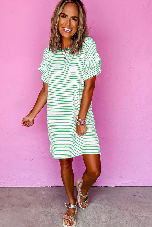 Stripe Ruffled Short Sleeve Crew Neck T Shirt Shift Mini Dress