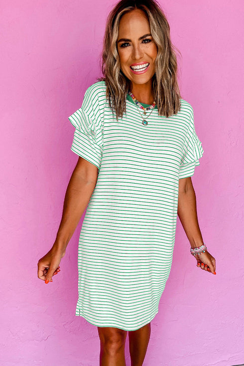 Stripe Ruffled Short Sleeve Crew Neck T Shirt Shift Mini Dress