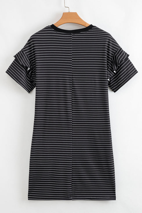 Stripe Ruffled Short Sleeve Crew Neck T Shirt Shift Mini Dress