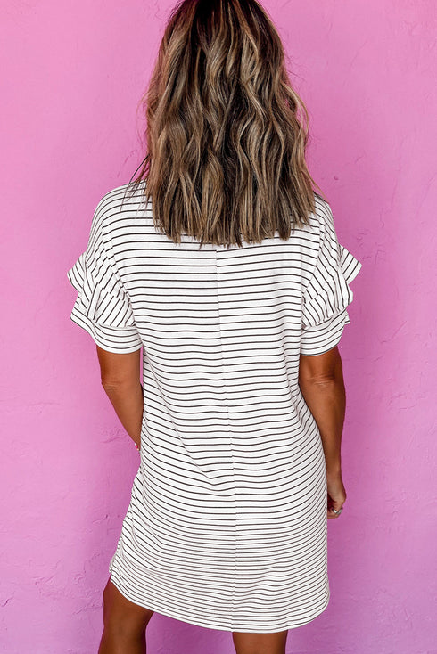 Stripe Ruffled Short Sleeve Crew Neck T Shirt Shift Mini Dress