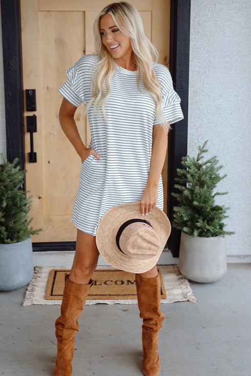 Stripe Ruffled Short Sleeve Crew Neck T Shirt Shift Mini Dress
