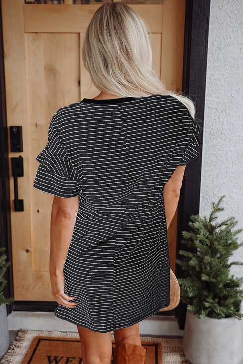 Stripe Ruffled Short Sleeve Crew Neck T Shirt Shift Mini Dress