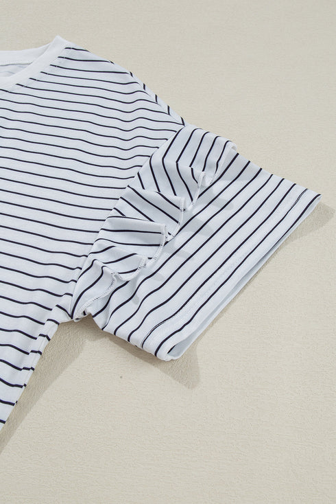 Stripe Ruffled Short Sleeve Crew Neck T Shirt Shift Mini Dress