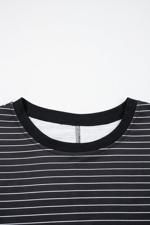 Stripe Ruffled Short Sleeve Crew Neck T Shirt Shift Mini Dress