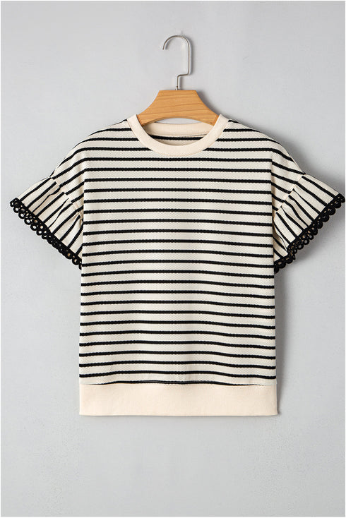 Stripe Scallop Lace Trim Ruffle Short Sleeves Crewneck Top