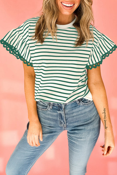 Stripe Scallop Lace Trim Ruffle Short Sleeves Crewneck Top