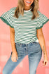Stripe Scallop Lace Trim Ruffle Short Sleeves Crewneck Top