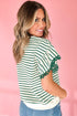 Stripe Scallop Lace Trim Ruffle Short Sleeves Crewneck Top
