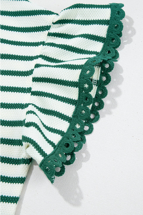 Stripe Scallop Lace Trim Ruffle Short Sleeves Crewneck Top