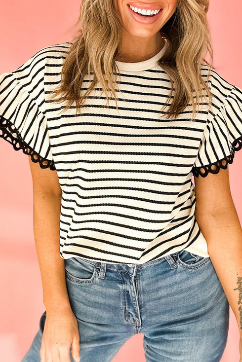 Stripe Scallop Lace Trim Ruffle Short Sleeves Crewneck Top