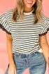 Stripe Scallop Lace Trim Ruffle Short Sleeves Crewneck Top