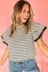 Stripe Scallop Lace Trim Ruffle Short Sleeves Crewneck Top