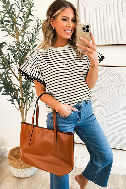 Stripe Scallop Lace Trim Ruffle Short Sleeves Crewneck Top